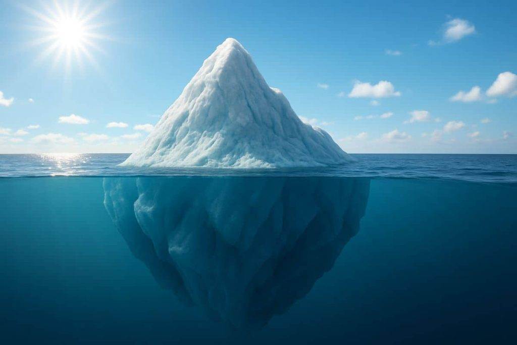 Iceberg flottant sous le soleil illustrant la profondeur des blocages inconscients abordés par la kinésiologie intégrale, l’hypnose et les soins énergétiques
